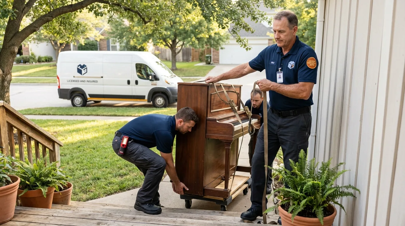 Licensed piano movers securing grand piano in West Brookfield, MA