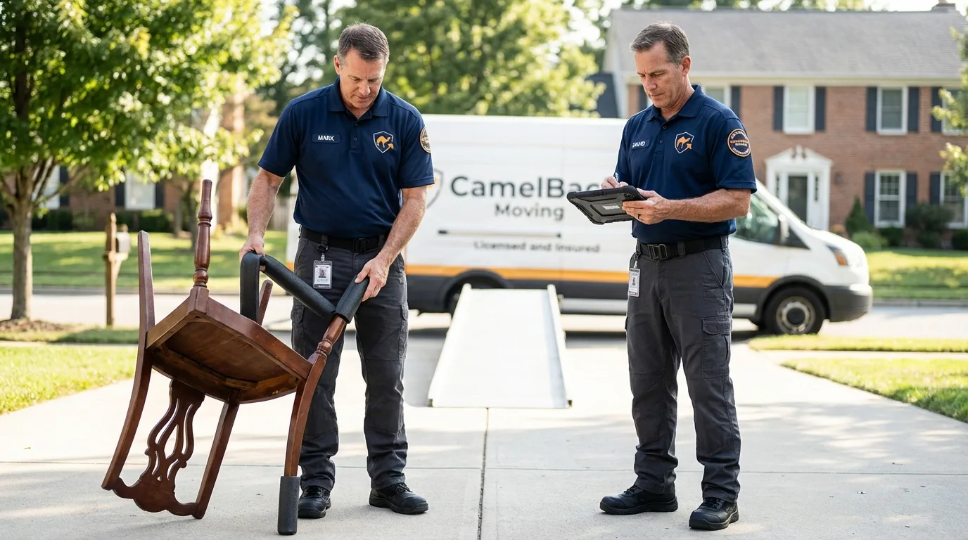 Movers inspecting furniture for damage prevention before loading in West Brookfield, MA