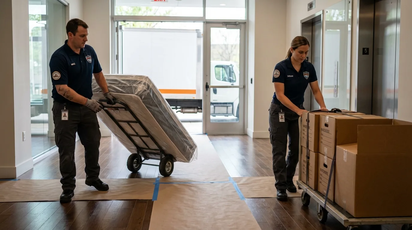 Professional apartment movers loading elevator in West Brookfield, MA