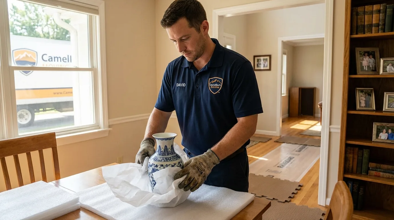 Professional crew carefully wrapping antique vase for senior downsizing move in West Brookfield, MA