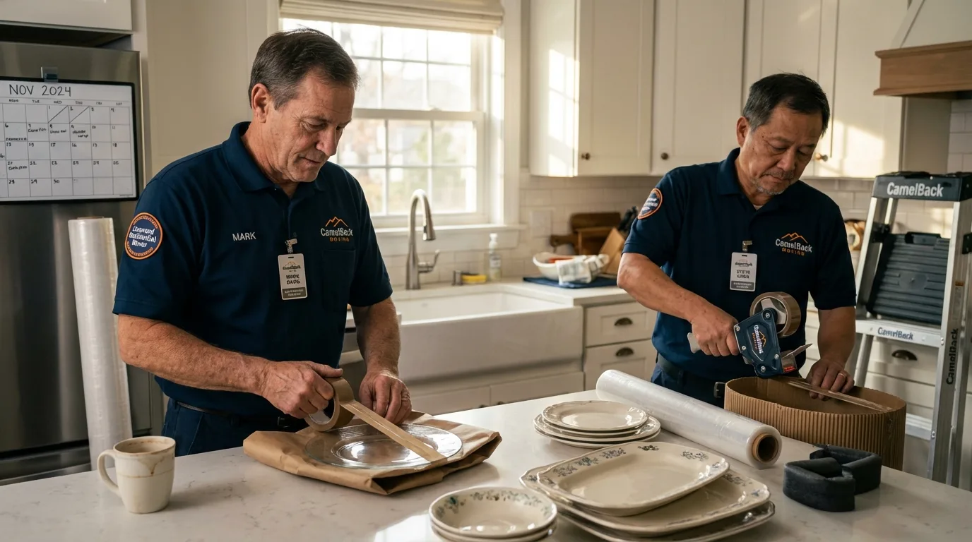 Professional crew packing kitchen dishware in West Brookfield, MA